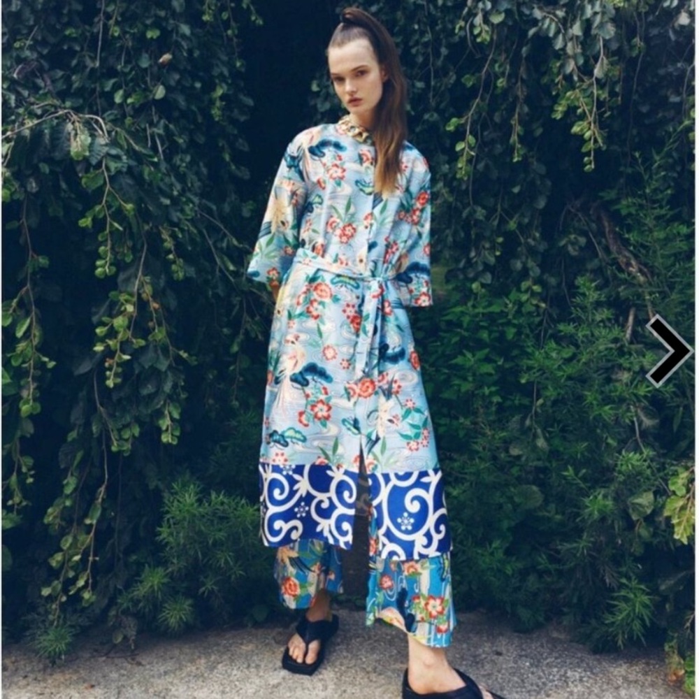 Zara button kimono dress with Mandarin collar & flared sleeves